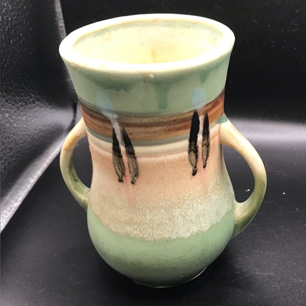 Vintage JapaN Mission Style Vase Double Handled Green Earthtone Pottery READ